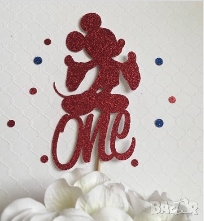 Мики Маус Mickey Mouse One 1 година червен брокатен топер картон клечка украса декор за торта мъфин 