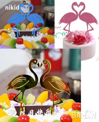 2 бр златно синьо розово фламинго твърд акрил топер украса табела за торта парти рожден ден