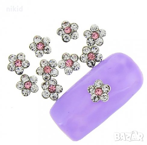 бижу за нокти сребристо цветче с камъчета декорация украса за маникюр