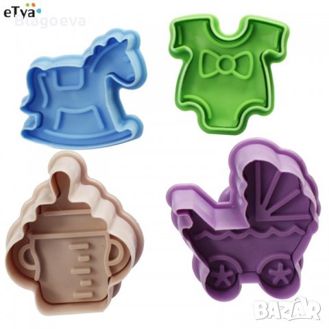 Резци с бутало – бебешка количка, шише с биберон, конче и гащеризонче