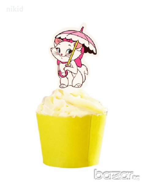 Коте Мари Marie с чадър 25 бр картон топери за кексчета мъфини торта рожден ден украса, снимка 1