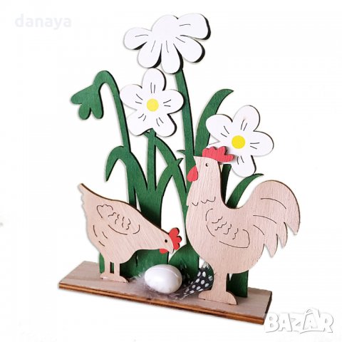 Дървена украса за Великден Петел и кокошка с яйце в градинка, снимка 3 - Декорация за дома - 24607051