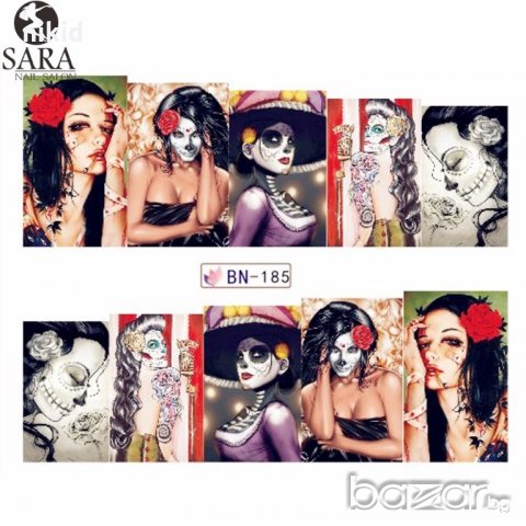 BN-185 цветни  рисувани лица череп татос ваденки водни стикери за нокти маникюр Halloween Хелоуи