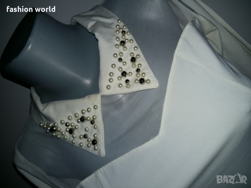 Блуза с яка от перли бяла, снимка 1
