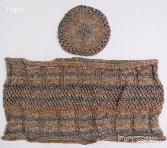 Кафяв дамски плетен комплект от шал и шапка марка Bonnet, снимка 3 - Шалове - 17607477