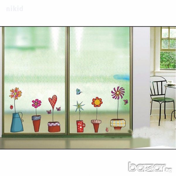 стикер лепенка за стена прозорец кухня цветя в саксии и вази с пеперуди самозалепващ, снимка 1