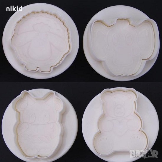 4 животни Мече Слон Овца Хипо пластмасови резци форми с бутало и релеф за тесто и сладки фондан , снимка 1
