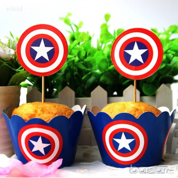 ЛОГО Captain America Капитан Америка 12 бр топери и кошнички украса за мъфини кексчета парти, снимка 1