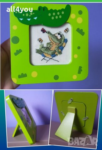 Ръчно изработена бродерия крокодилче с тематична дървена рамка 