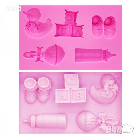 Бебешки дрънкалка шише обувки буйки кубчета пате силиконов молд форма декорация торта фондан, снимка 2 - Форми - 22948722