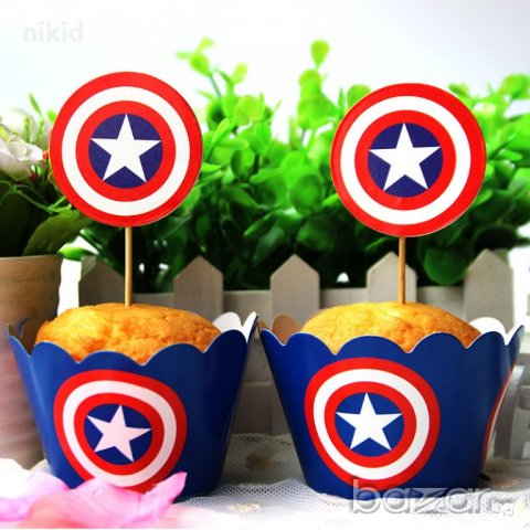 ЛОГО Captain America Капитан Америка 12 бр топери и кошнички украса за мъфини кексчета парти