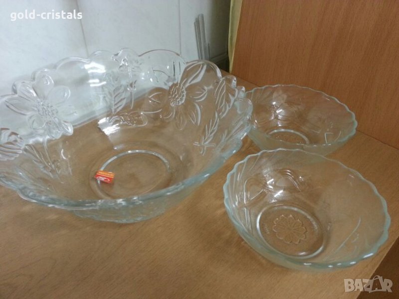 Голяма стъклена купа с две купички , снимка 1