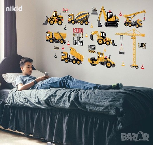 Всички строителни машини жълти багери стикер постер лепенка за стена детска самозалепващ, снимка 1