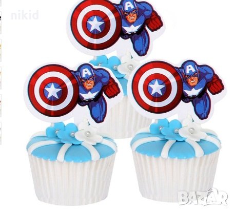 Капитан Америка Captain America 25 бр картон топер за кекс мъфини торта рожден ден украса, снимка 1