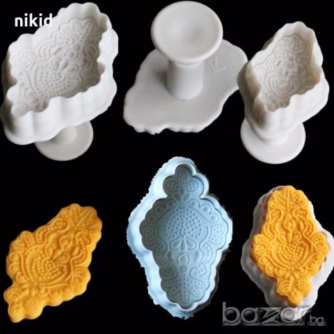 3 бр мотиви орнаменти цветя дантелени форми резци с бутало и релеф декорация фондан торта сладки 