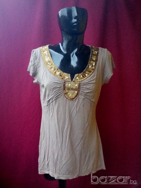 Бежова тениска с пайети и мъниста Л, снимка 1