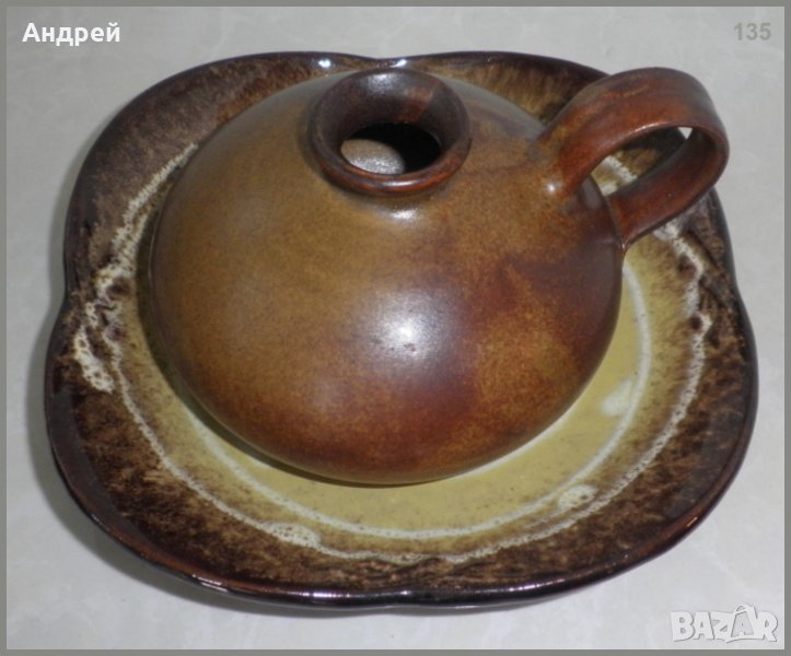 Лот:керамична чиния + керамичен свещник с дръжка, снимка 1