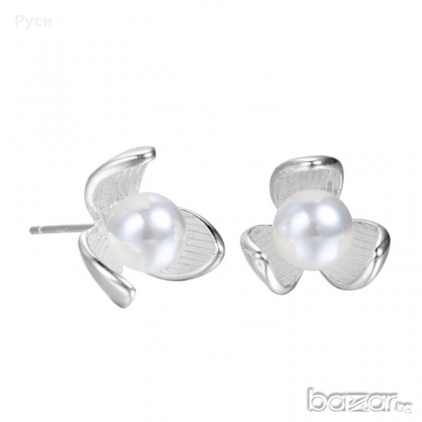 Сребърни обеци - Перла с листа, снимка 1
