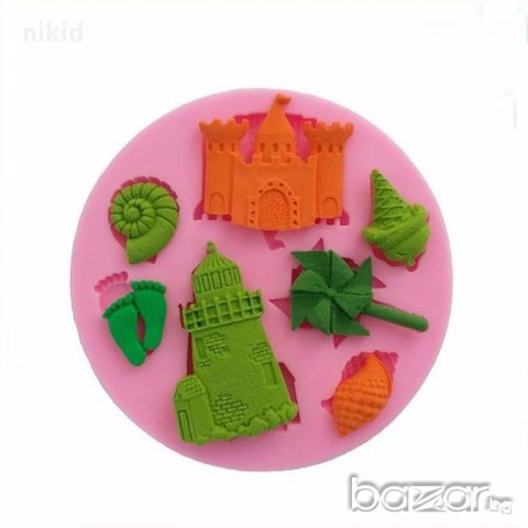 Пясъчен замък вятърна мелница морски силиконов молд форма декорация торта фондан шоколад и др, снимка 2 - Форми - 18664560