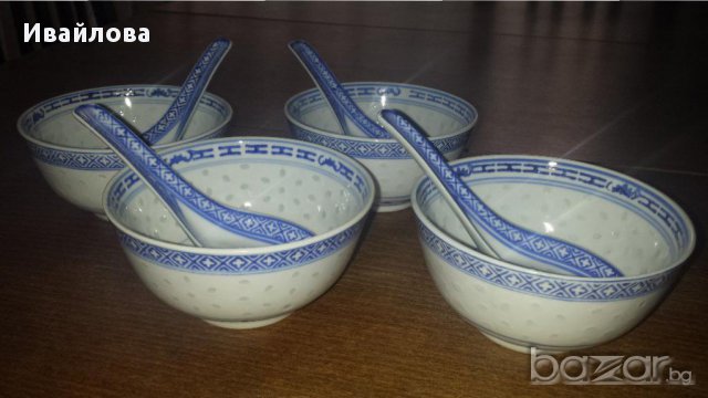 Традиционни Китайски купи за ориз с порцеланови лъжици, снимка 2 - Прибори за хранене, готвене и сервиране - 13658724