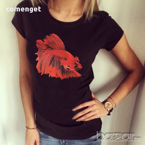НОВО! ROYAL FISH дамска тениска с уникален CK принт! Поръчай модел с ТВОЯ идея!, снимка 1 - Тениски - 12558761