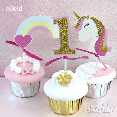 1 година рожден ден Еднорог дъга 3 бр топер топери клечки с брокат картонени украса за торта мъфини