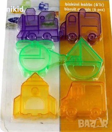 6 превозни средства влак самолет лодка ракета бус камион пластмасови форми резци тесто сладки фондан
