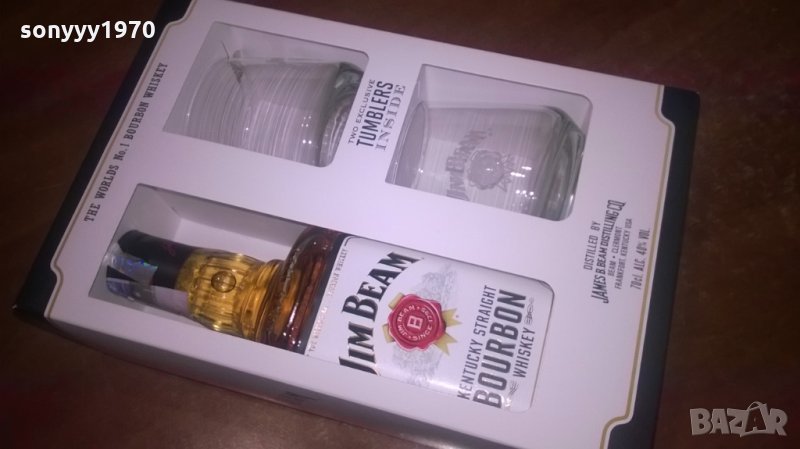 поръчани-стъкло-само стъкло-jim beam-празна бутилка и 2 чаши за колекция, снимка 1