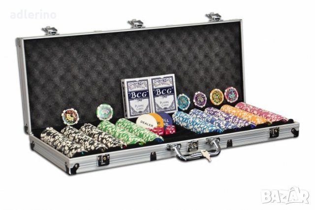 Комплект за Покер, куфар, чипове, зарове, тестета, 500 чипа, закръглени чипове, снимка 1