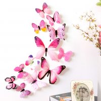 3D 12 бр pvc розови самозалепващи пеперуди декорация за стена и мебел, снимка 1 - Декорация за дома - 21244090