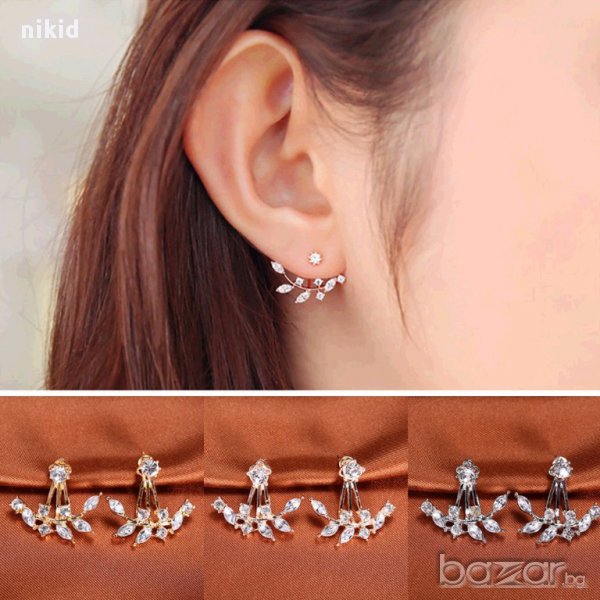 нежни дамски обеци обици листенца с камъчета, снимка 1