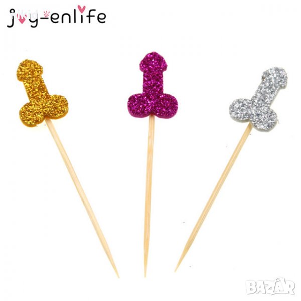 12 бр Мини члена пенис пениси брокатени 3 цвята моминско парти топери клечки мъфини кексчета сватба, снимка 1