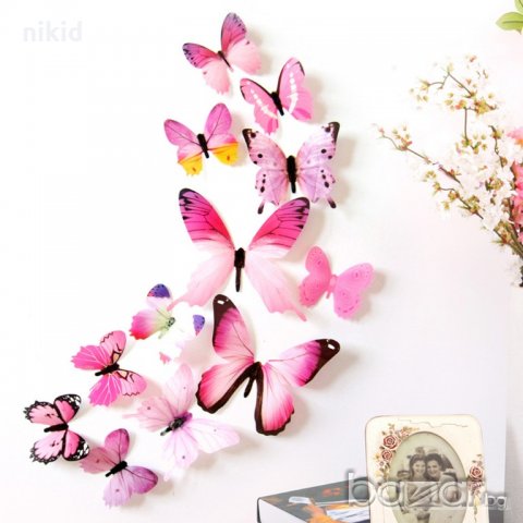 3D 12 бр pvc розови самозалепващи пеперуди декорация за стена и мебел