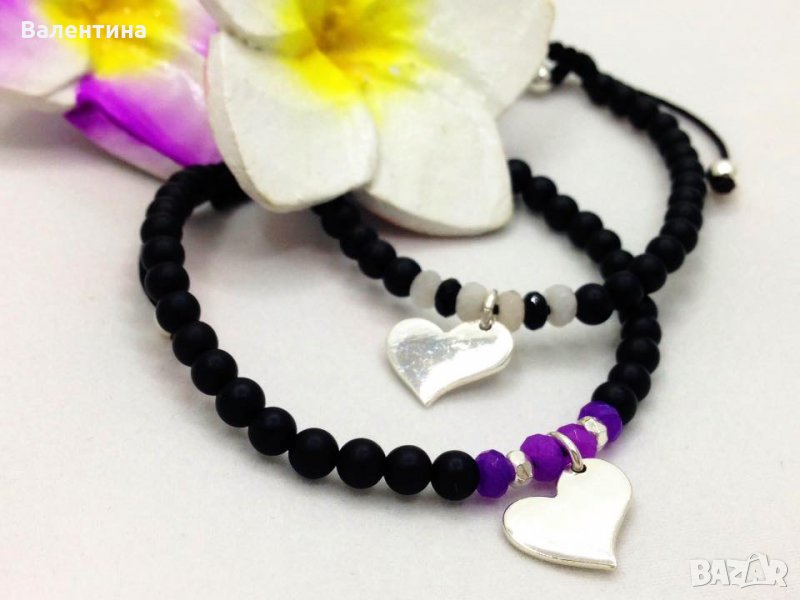 Намалени! Дамски гривни от оникс, фасетиран кварц и сребърно сърце + ПОДАРЪК, снимка 1