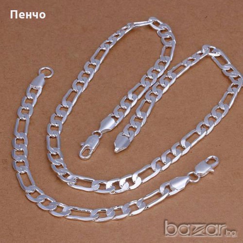 Комплект посребрен сребърен ланец и гривна плетка картие бижу верига 8 мм, снимка 1