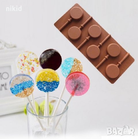 6 бр кръг плоски силиконов молд форма за направа на близалки на клечка декор фондан шоколад украса