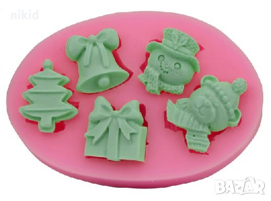 5 Коледни фигурки мече подарък снежко елха камбана силиконов молд форма декор торта сладки фондан, снимка 2 - Форми - 23842386