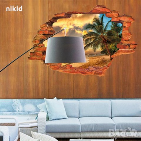 3D Пейзаж Залез море и палма през стена дупка лепенка за стена стикер самозалепващ, снимка 2 - Други - 22003530