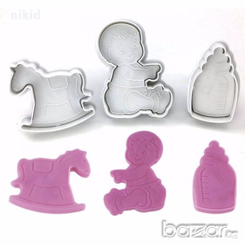 3 бр. резци 3D бебе  конче шише с бутало и релеф за украса фондан сладки  декор торта резец