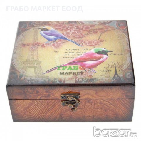 Комплект от 2бр. дървени кутии с цветен принт - птички., снимка 1