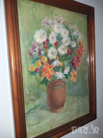 Люба Паликарова стара картина акварел натюрморт цветя  1975, снимка 2 - Картини - 23743155