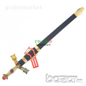 Парти артикул - рицарски меч, декориран с цветни камъни. Изработен от PVC материал. Дължина - 66 см., снимка 1