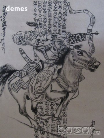 Картина Чингиз хан на кон върху оризова хартия от Монголия, снимка 4 - Колекции - 20252981