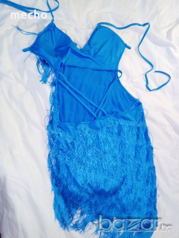 Синя асиметрична рокля с ресни и ниска талия, снимка 2 - Рокли - 20624959