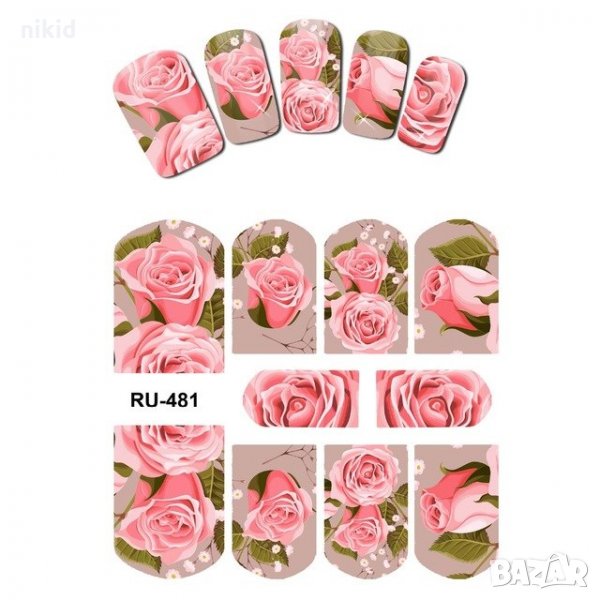 RU-481 изящни розови рози слайдер татос ваденки водни стикери за нокти маникюр, снимка 1