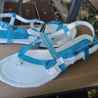 Нови кокетни синьо-бели кожени дамски сандали / летни обувки "Free Sun", естествена кожа, чехли, снимка 1 - Сандали - 18759237