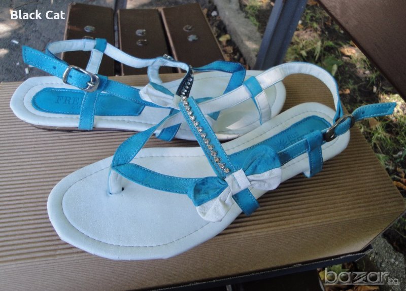 Нови кокетни синьо-бели кожени дамски сандали / летни обувки "Free Sun", естествена кожа, чехли, снимка 1