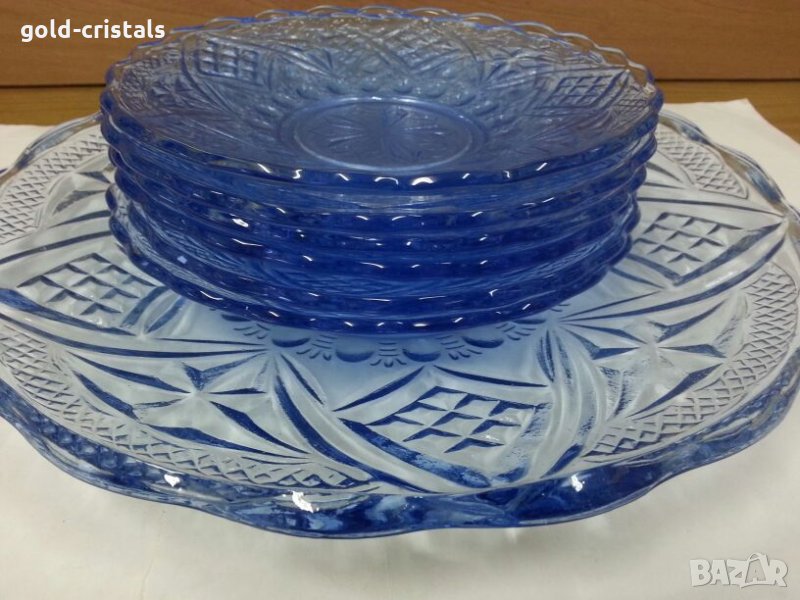Стъклени чинии и поднос цветно синьо стъкло, снимка 1