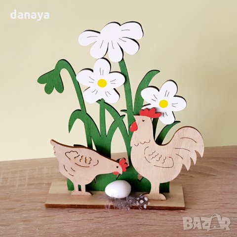 Дървена украса за Великден Петел и кокошка с яйце в градинка, снимка 4 - Декорация за дома - 24607051