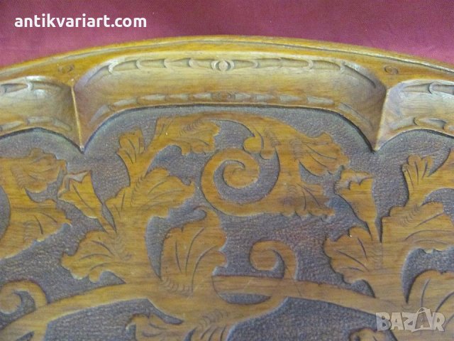 Стар дървен махагонов поднос ,ръчно резбован,монограм, снимка 6 - Декорация за дома - 24312453